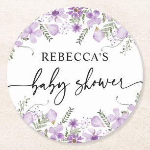 Cute Purple Florals Baby Shower Paper Coasters