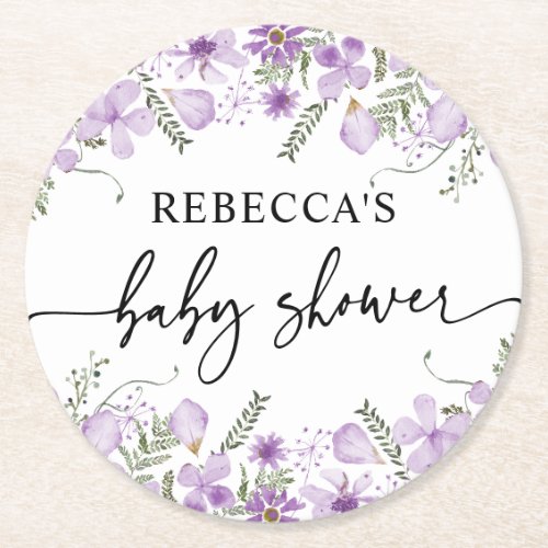 Cute Purple Florals Baby Shower Paper Coasters