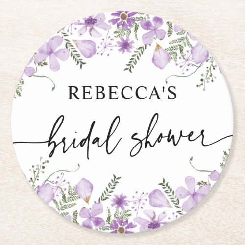 Cute Purple Florals Bridal Shower  Round Paper Coaster