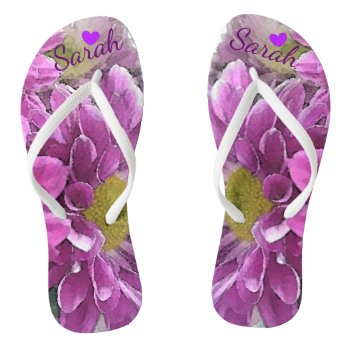 Cute Purple Flower And Heart Personalized Flip Flops by HappyGabby at Zazzle