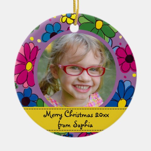 Cute Purple Flower Childs Photo Frame Christmas Ceramic Ornament