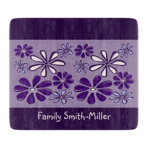 Cute Purple Flower Doodle Family Name Cutting Board