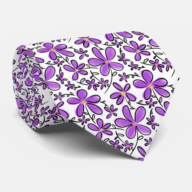 Cute purple flower pattern neck tie (Rolled)