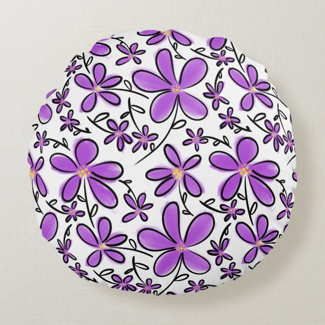Cute purple flower pattern round pillow (Front)