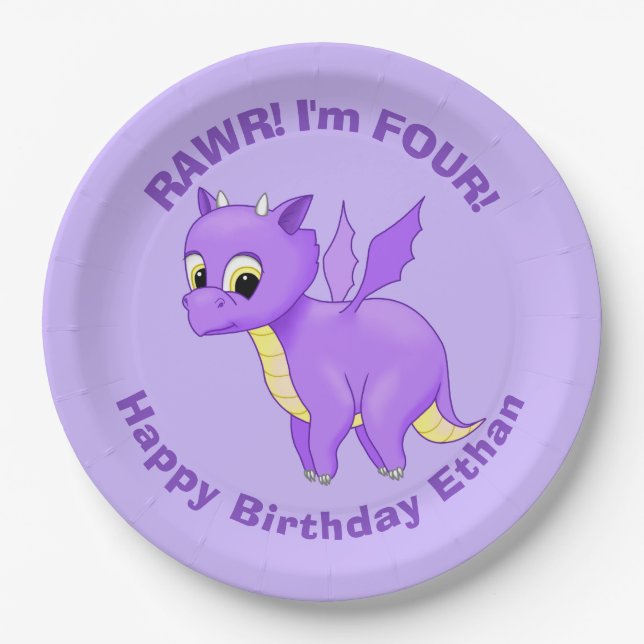 Cute Purple Flying Baby Dragon Paper Plates (Front)