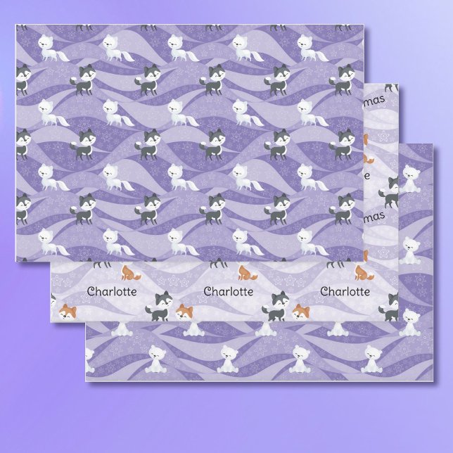 Cute Purple Fox Bear Add Name Christmas Kuwaii Wrapping Paper Sheets (Creator Uploaded)