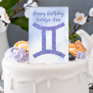 Cute Purple Gemini Astrology Sign Custom Birthday Cake Topper