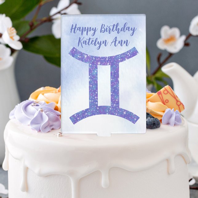 Cute Purple Gemini Astrology Sign Custom Birthday Cake Topper (Creator Uploaded)