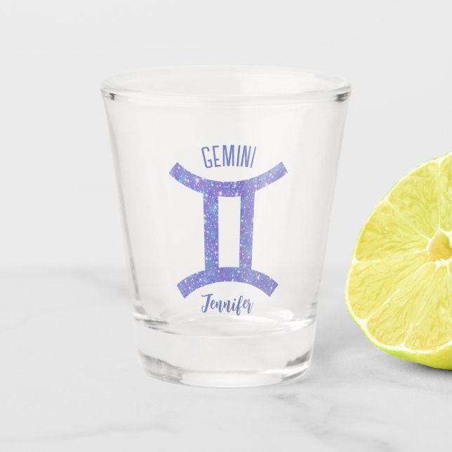 Cute Purple Gemini Astrology Sign Custom Birthday Shot Glass (Front)