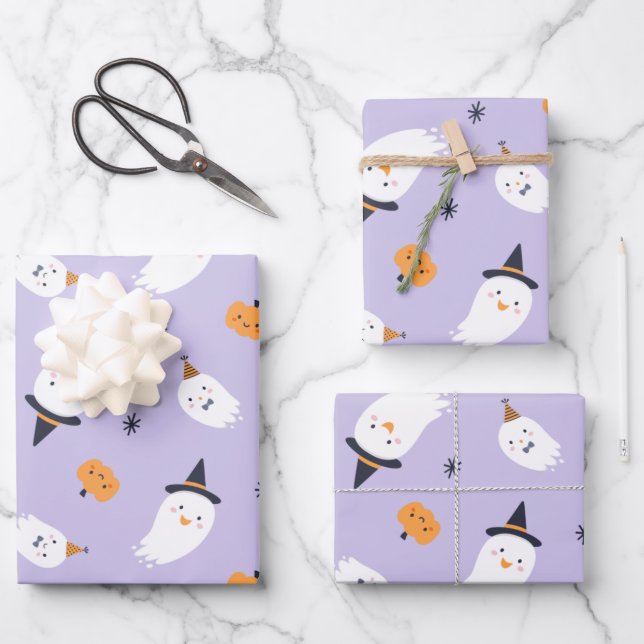 Cute Purple Ghost and Pumpkin Wrapping Paper Sheets (Front)