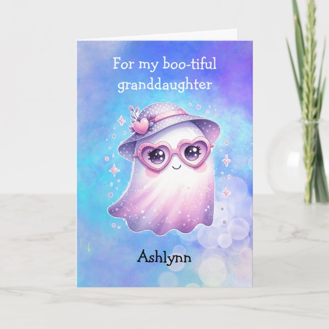Cute Purple Ghost Halloween Granddaughter Card (Front)
