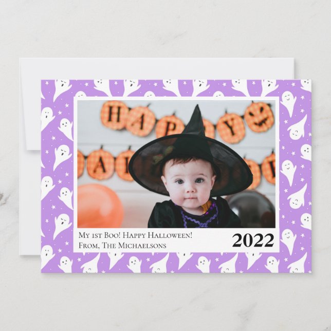 Cute Purple Ghost Halloween Photo Card (Front)