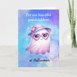 Cute Purple Ghost Happy Halloween Grandchildren Card