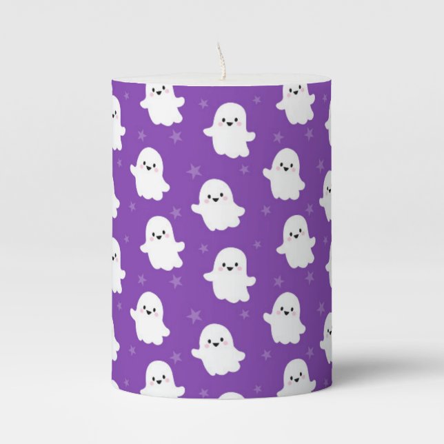 Cute Purple Ghost Pattern – Halloween Design Pillar Candle (Front)
