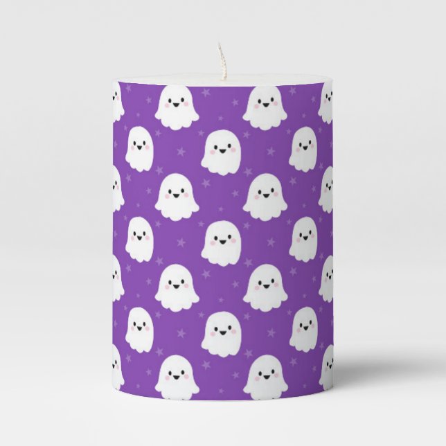 Cute Purple Ghost Pattern – Halloween Design Pillar Candle (Front)