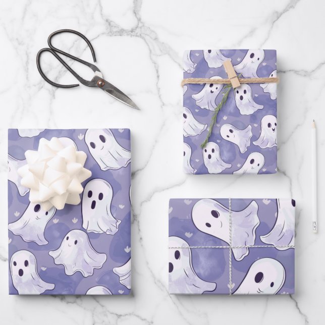 Cute Purple Ghost Pattern Wrapping Paper Sheets (Front)