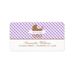 Cute Purple Gingham Pattern and Baby Carriage Label