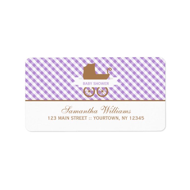 Cute Purple Gingham Pattern and Baby Carriage Label (Front)