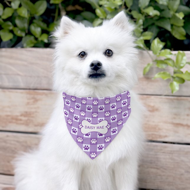 Cute Purple Gingham Paw Prints Personalized Pet Bandana Collar (Dog)