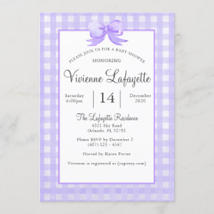 Cute Purple Gingham with Bow Baby Shower Invitation