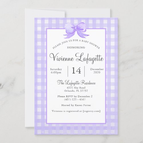 Cute Purple Gingham with Bow Baby Shower Invitation