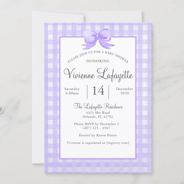 Cute Purple Gingham with Bow Baby Shower Invitation (Front)