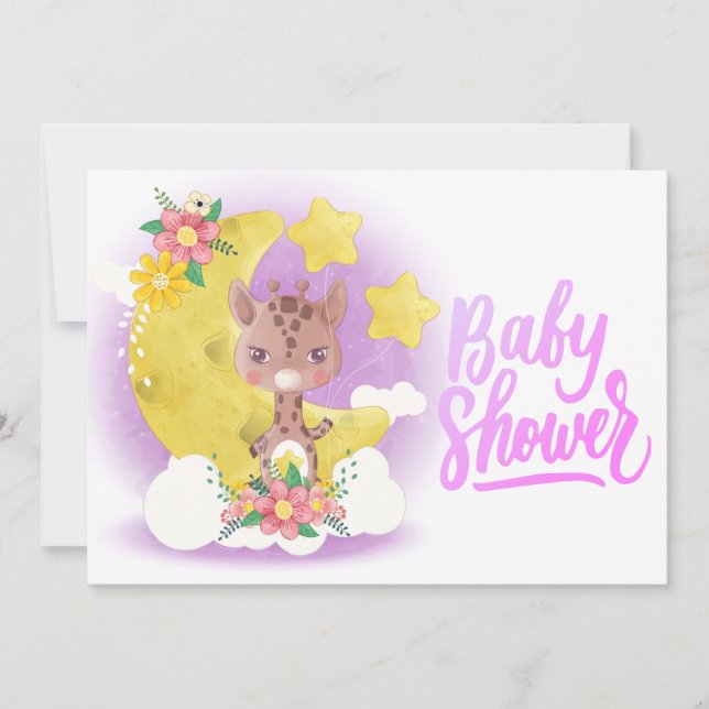 Cute Purple Giraffe Baby Shower Invitation (Front)