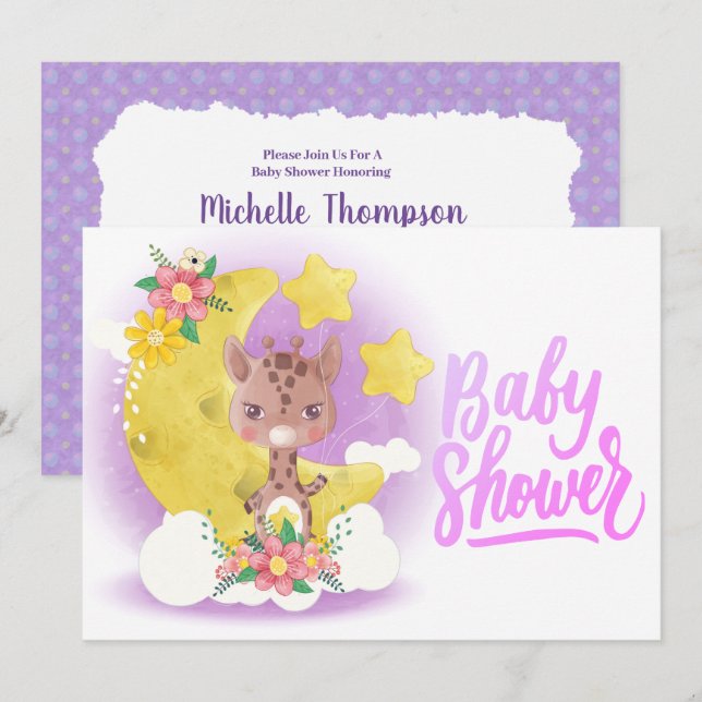 Cute Purple Giraffe Baby Shower Invitation (Front/Back)