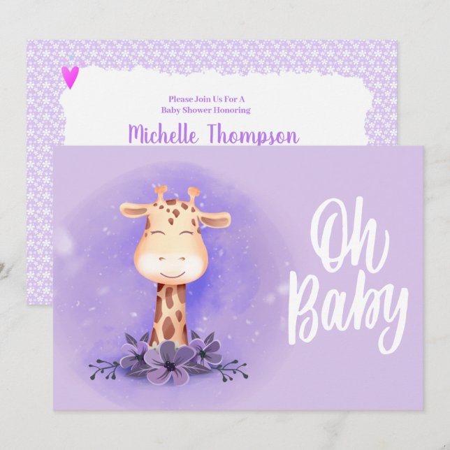 Cute Purple Giraffe Baby Shower Invitation (Front/Back)