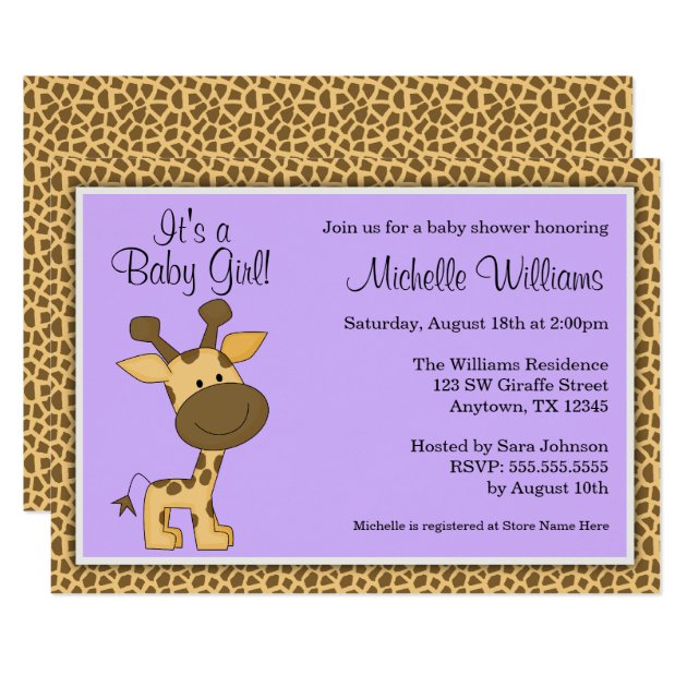 Cute Purple Giraffe Girl Baby Shower Invitation