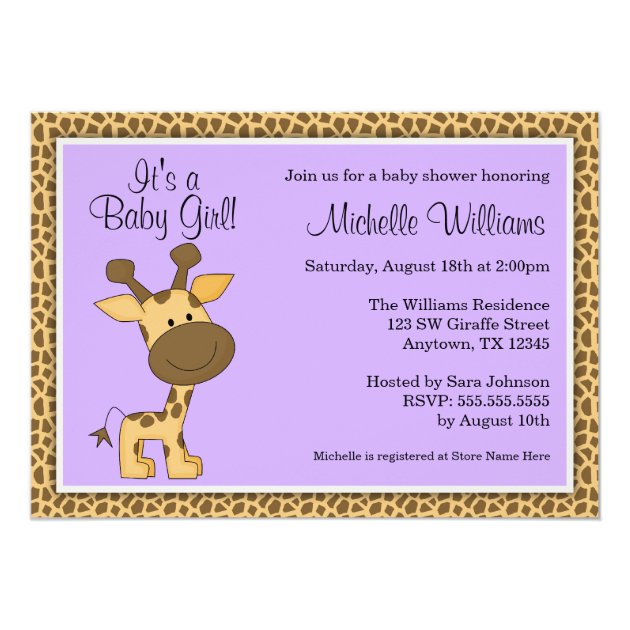 Cute Purple Giraffe Girl Baby Shower Invitation