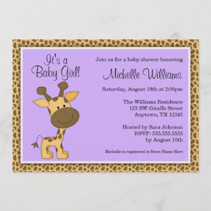 Cute Purple Giraffe Girl Baby Shower Invitation