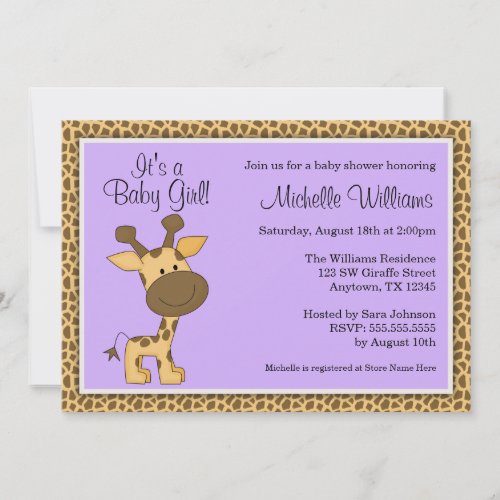 Cute Purple Giraffe Girl Baby Shower Personalized Invitations