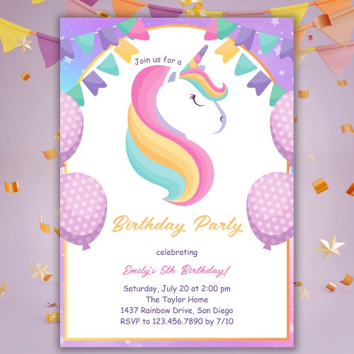 Cute Purple Girls Unicorn Birthday Party Invitation