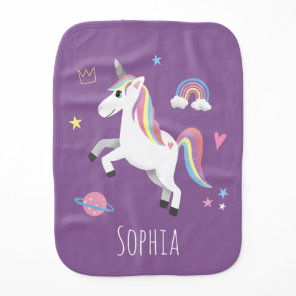 Cute Purple Girly Magical Unicorn Cartoon Baby Burp Cloth