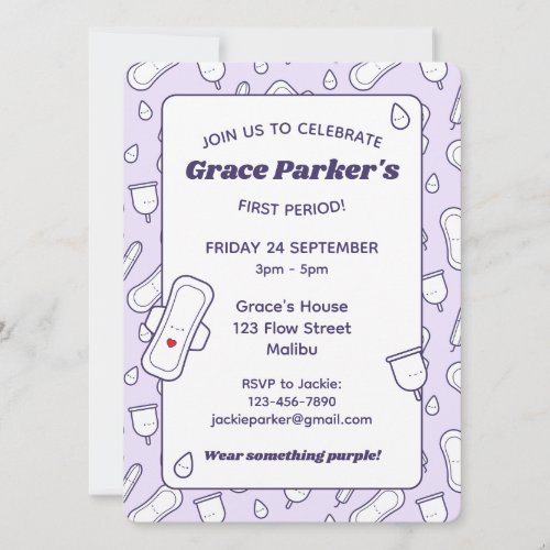 Cute Purple Girly Menstrual Pad First Period Party Invitation