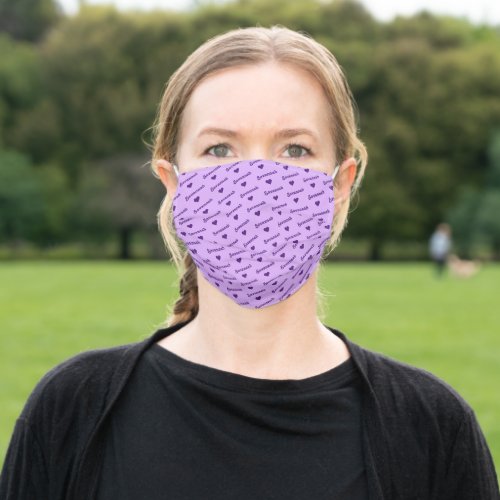 Cute Purple Girly Repeating Name with Hearts Adult Cloth Face Mask