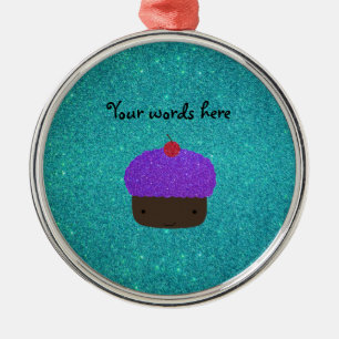 Cute purple glitter cupcake turquoise glitter metal ornament