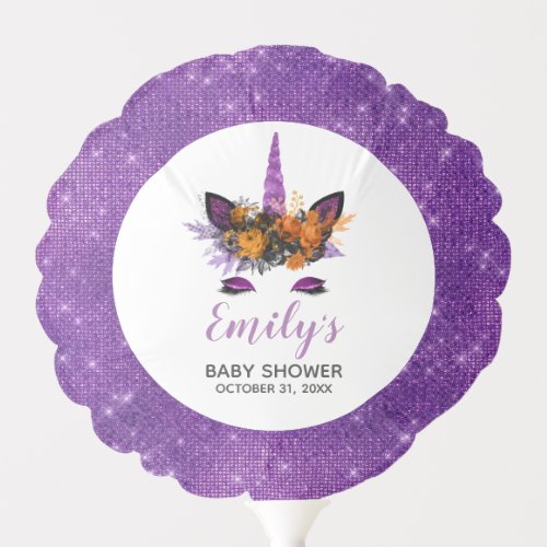 Cute Purple Glitter Halloween Unicorn Baby Shower Balloon