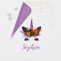 Cute Purple Glitter Halloween Unicorn Personalized Baby Blanket