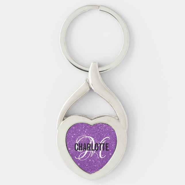 Cute purple glitter monogram name  keychain (Front)