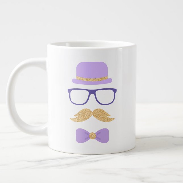 Cute Purple Glitter Moustache Grandpa Tea Party Giant Coffee Mug (Left)