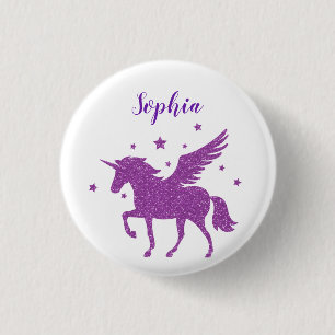 Cute Purple Glitter Personalized Unicorn Button