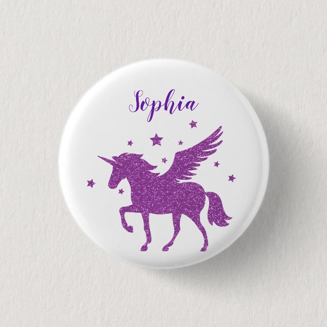 Cute Purple Glitter Personalized Unicorn Button (Front)