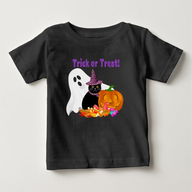 Cute Purple Glitter Trick or Treat Halloween Baby T-Shirt (Front)