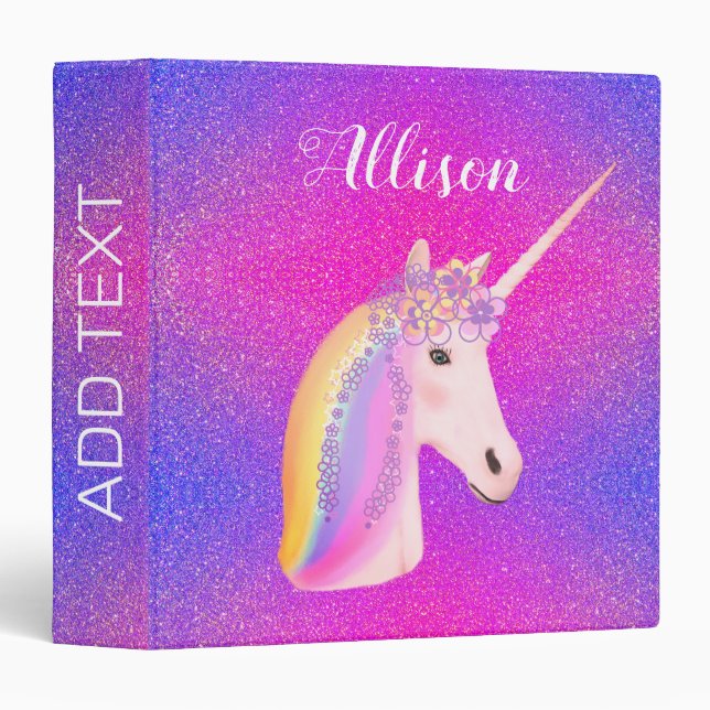 Cute Purple Glitter Unicorn Personalized 3 Ring Binder (Front/Spine)