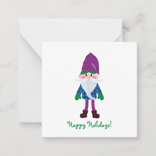 Cute Purple Gnome Happy Holidays Mini Christmas Note Card (Front)