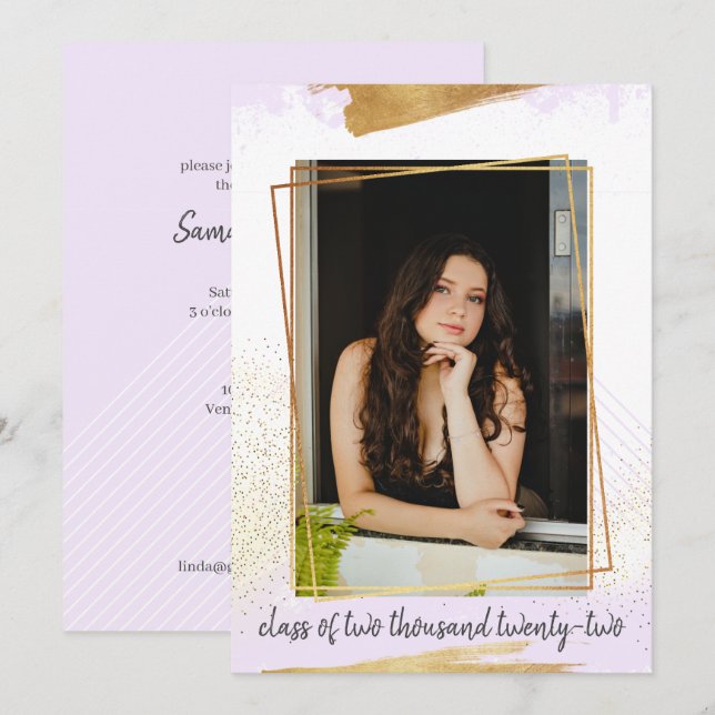 Cute Purple & Gold Framed Graduation Invitation (Front/Back)