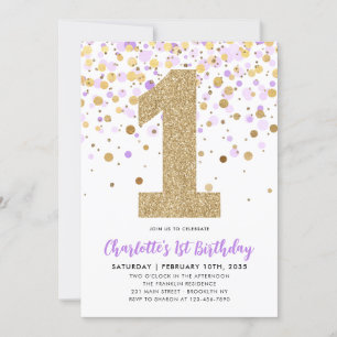 Cute Purple Gold Glitter Confetti 1st Birthday Invitation
