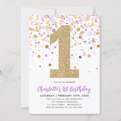 Cute Purple Gold Glitter Confetti 1st Birthday Invitation
